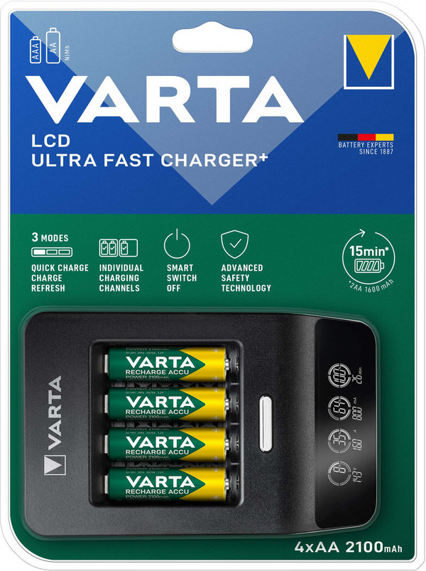 VARTA 57685 LCD Ultra Fast Charger+ inkl. 4 x AA 2100mAh 56756 Akkus