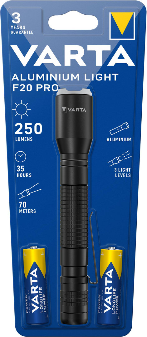 VARTA 16607 Aluminium Light F20 Pro inkl. 2 AA-Batterien
